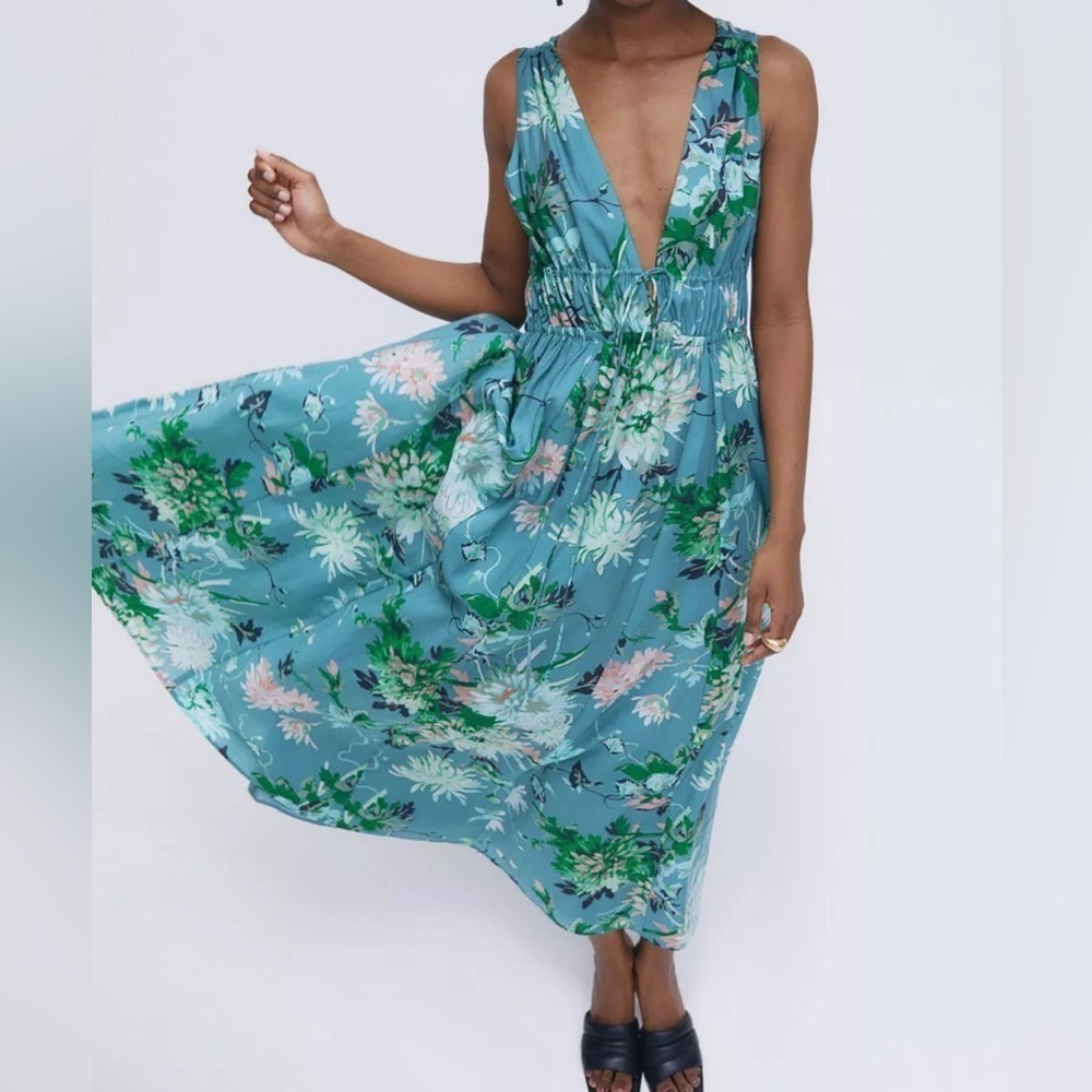 H&M Turquoise Floral Dress Women Size L